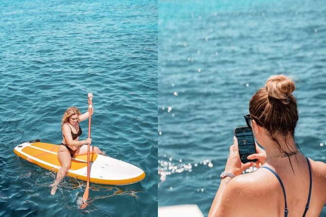 5 Hour Adults Ibiza Boat Trip + lunch, 6 drinks, SUP Boards & DJ - Who will enjoy it most?