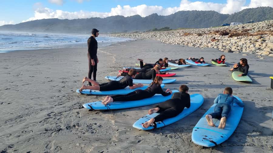 Greymouth: 2-Hour Beginner Surf Lesson - First water session: moving, turning, and catching foam