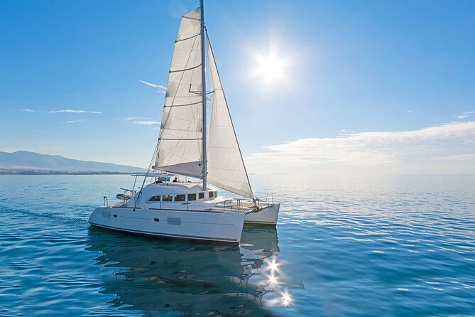 Mykonos Catamaran Cruise with Meal Drinks and Sup - Passing the pirate island and approaching Delos